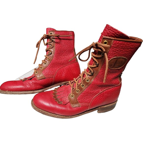 Justin Roper Kiltie Boots Red Vintage Size 7B Pebbled Leather - Picture 4 of 9